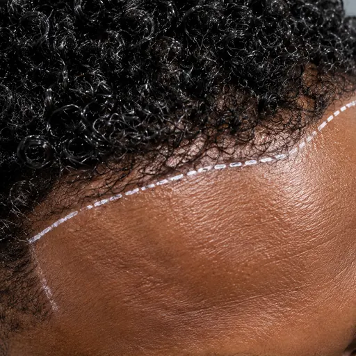 Close-up of an Afro-textured hairline marked out before the procedure