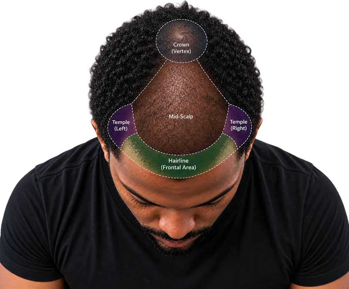 Scalp seen from above with the treatment zones marked: crown (vertex), mid-scalp, hairline (frontal area) and temples