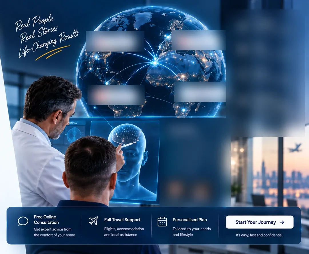 Doctors reviewing a 3D hair-transplant plan on a holographic screen, with a globe showing our international patient network