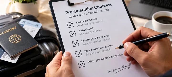 Pre-operation checklist next to a passport and luggage