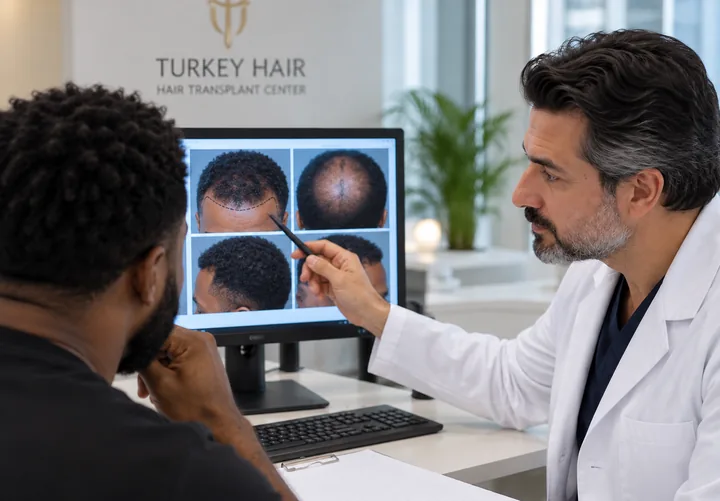 Doctor reviewing scalp photographs with a patient on screen