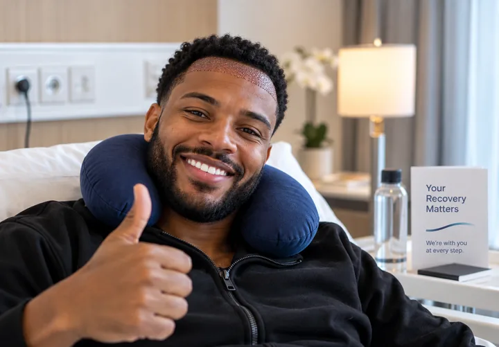 Patient resting with a neck pillow during recovery