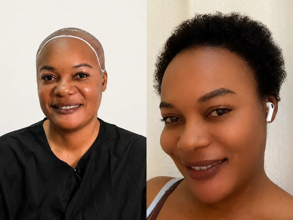 Afro-textured hair restoration for a female patient, before and after