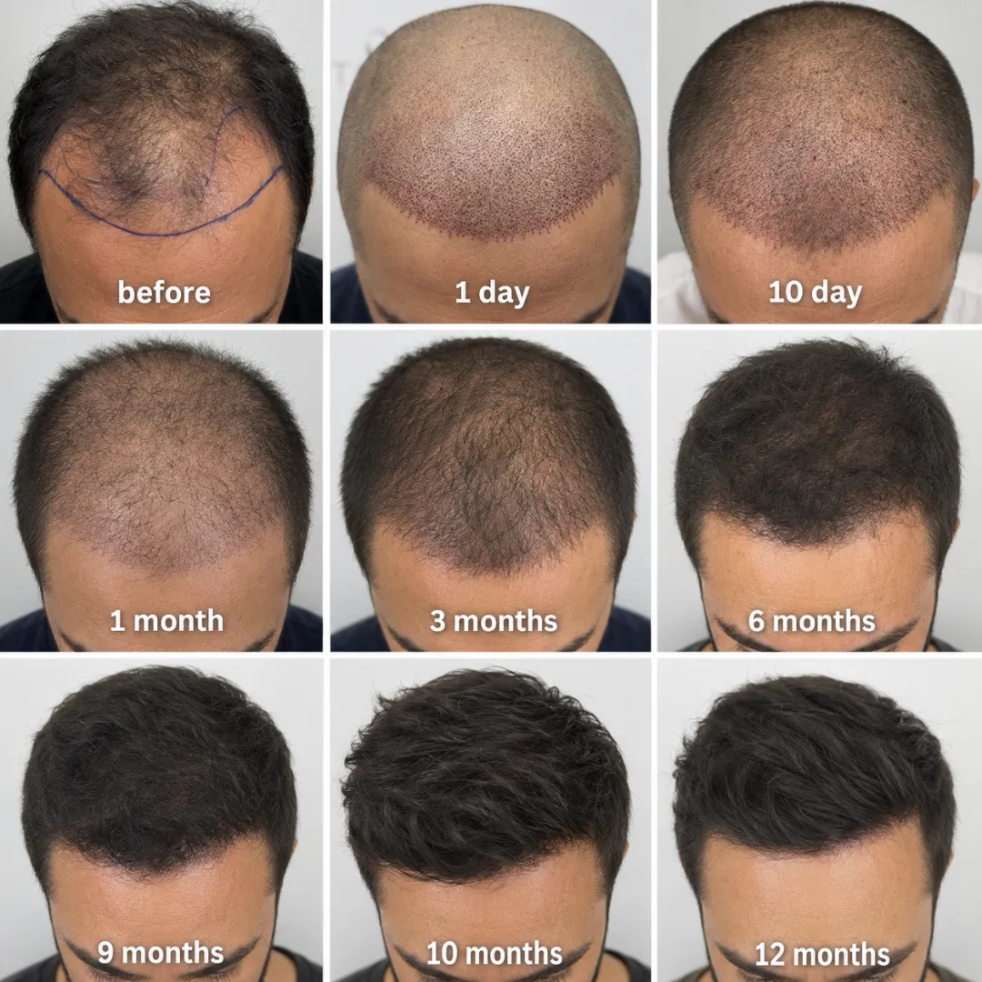 Hair Transplant Recovery Timeline: Day-By-Day, Week-By-Week And Month-By-Month Guide 4 Hair Transplant Recovery Timeline Showing Frontal Hairline Progress From Before Surgery To 1 Day, 10 Days, 1 Month, 3 Months, 6 Months, 9 Months, 10 Months, And 12 Months