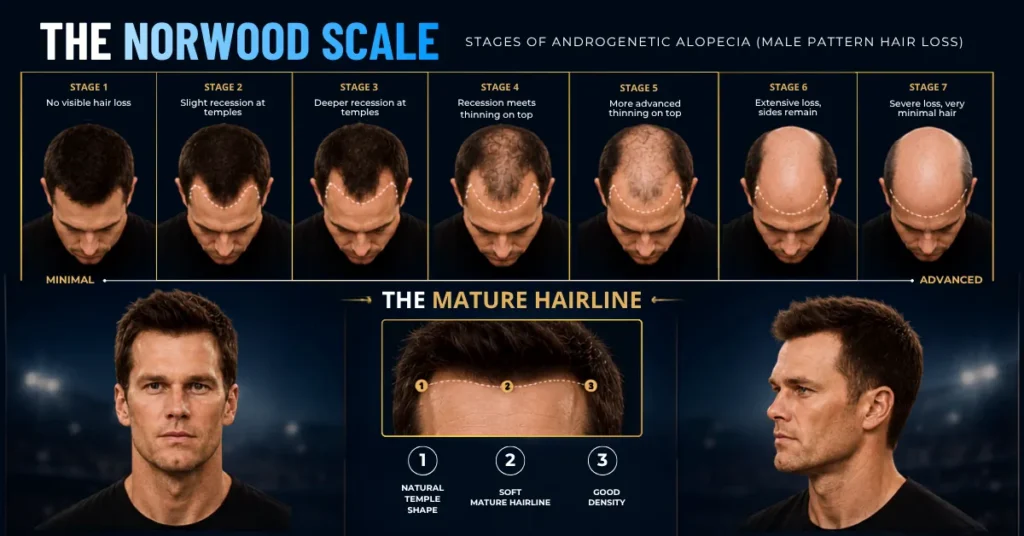 Tom Brady Hair Transplant: Before &Amp; After Photos, Hairline Analysis, Rumors Vs Facts 4 What Is Norwood Scale?, Tom Brady Hair Loss Stage, Male Pattern Baldness Stages, Mature Hairline Vs Hair Loss, Tom Brady Hair Loss Progression