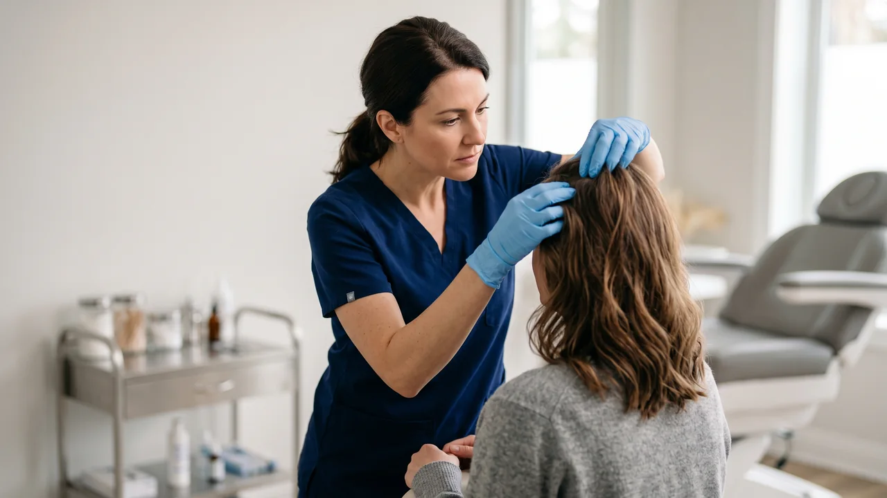 A female trichologist carefully examines the donor area of a female patient's scalp during a hair transplant consultation in a modern clinic.