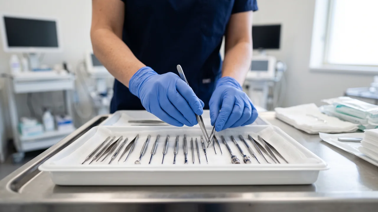 Gloved hands of a technician meticulously arrange sterile, modern hair transplant tools on a tray in a clean clinic setting.