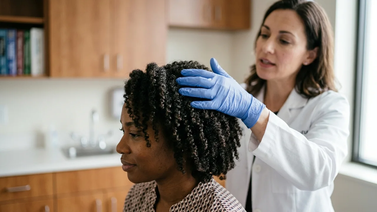 A medical professional's hand examining Afro-textured hair during a consultation.