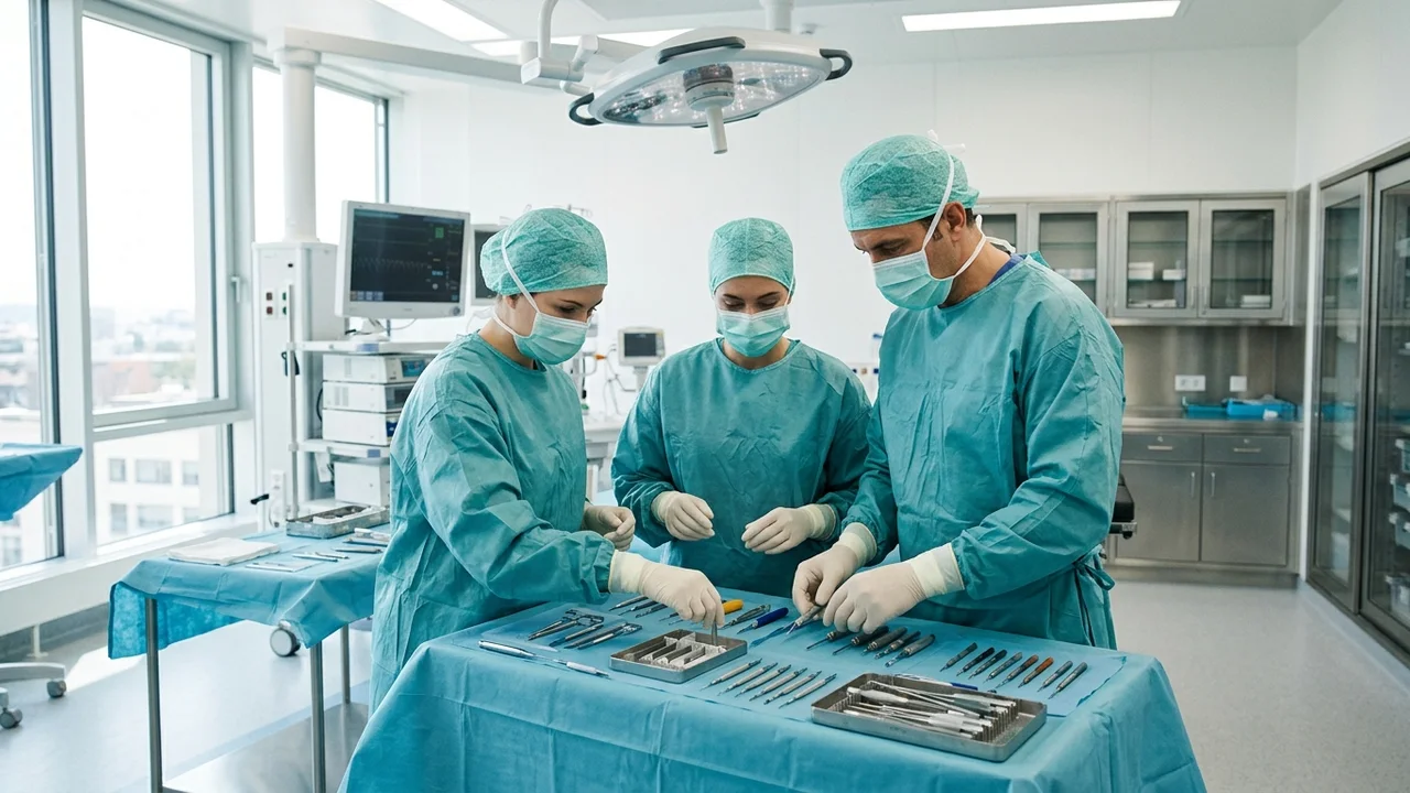 Specialised micro-punches and implantation tools prepared in a sterile operating room.