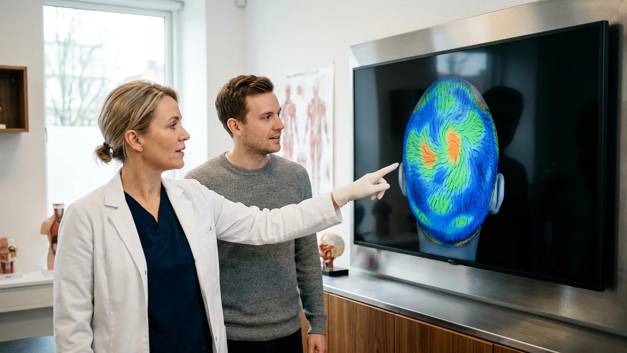 Surgeon and patient reviewing AI-generated 3D scalp model for hair transplant planning.