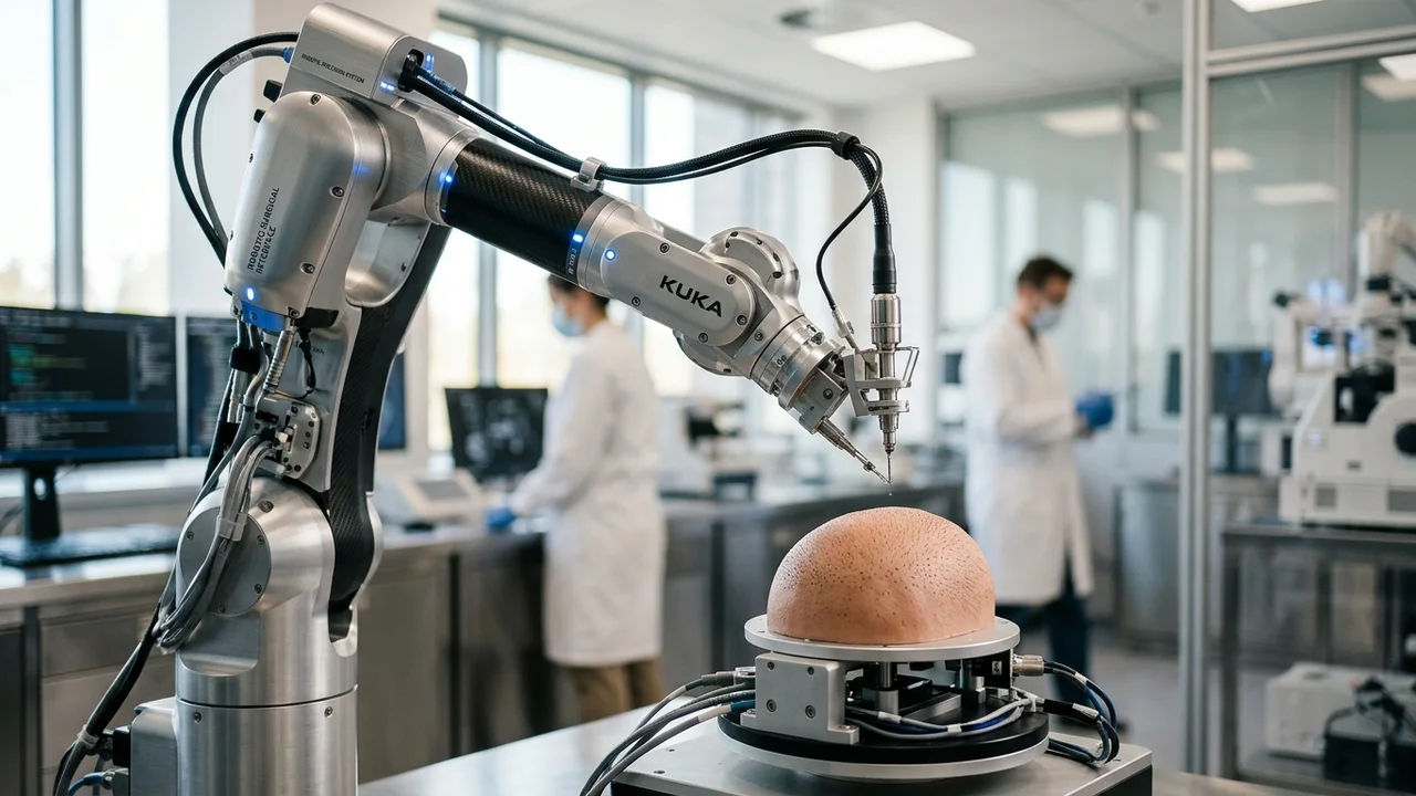 Robotic hair transplant system demonstrating precision on a scalp model.