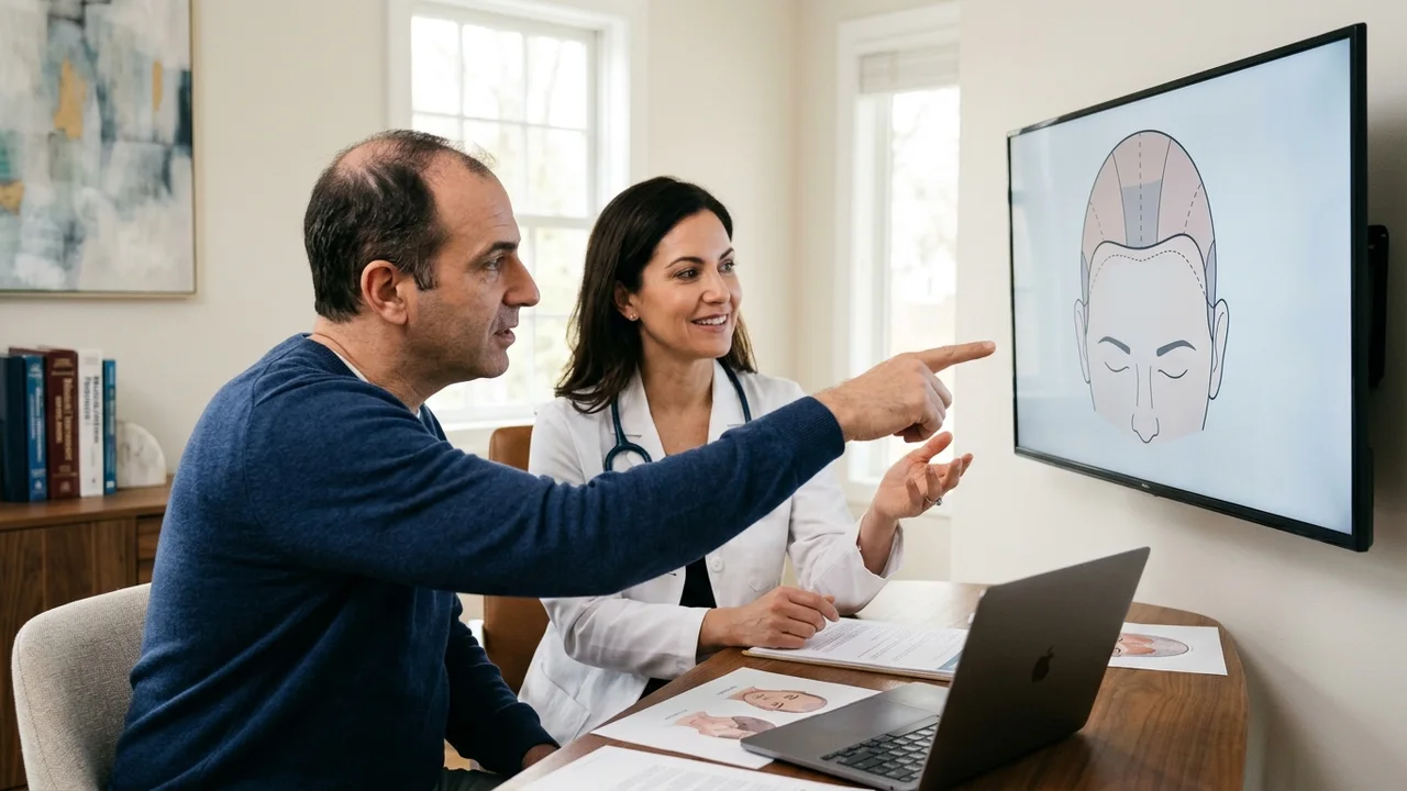 Doctor and patient reviewing a personalised hair transplant plan.