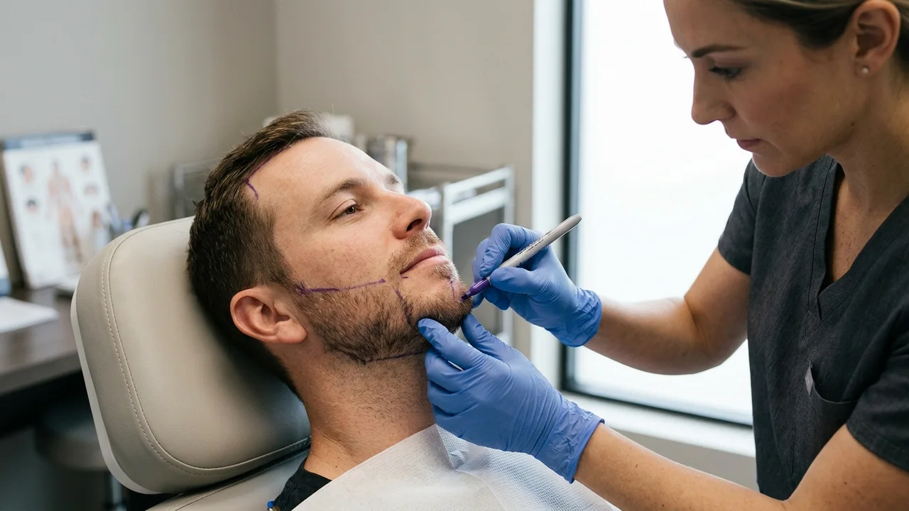 A surgeon meticulously drawing beard design lines on a patient's face.