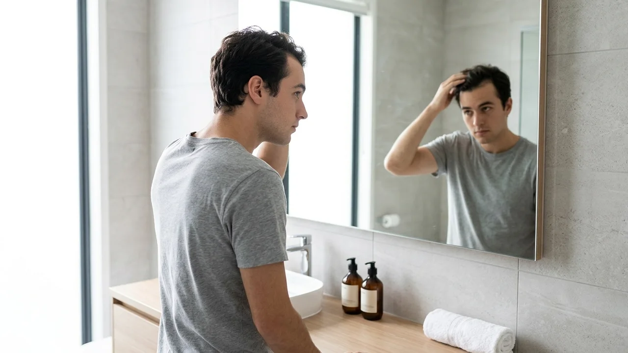 A young man examining his hair in a mirror, considering early hair loss.