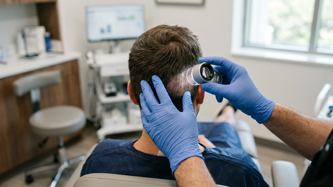 A specialist examining a patient's scalp with a magnifying tool during a hair transplant consultation.