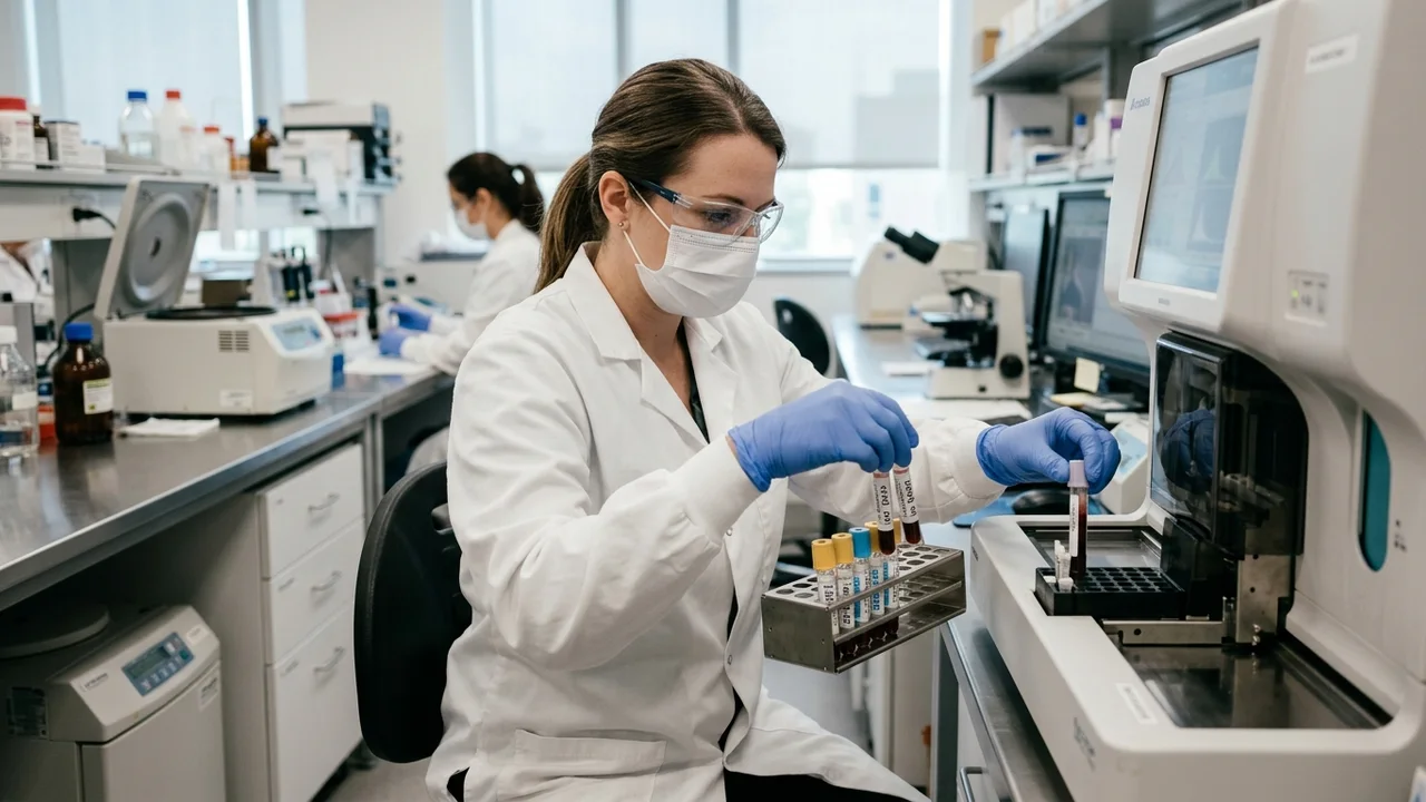 Medical technician processing blood samples in a laboratory for analysis.