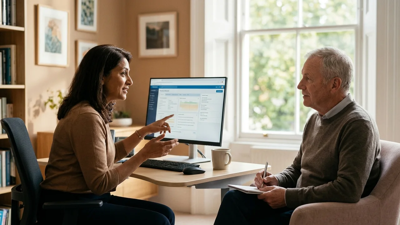 Doctor discussing blood test results with a patient during a hair loss consultation.