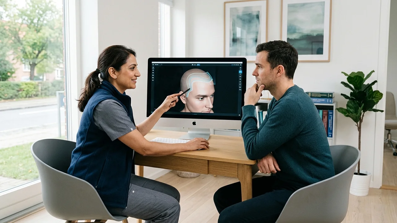 Patient and clinician reviewing digital hairline design.