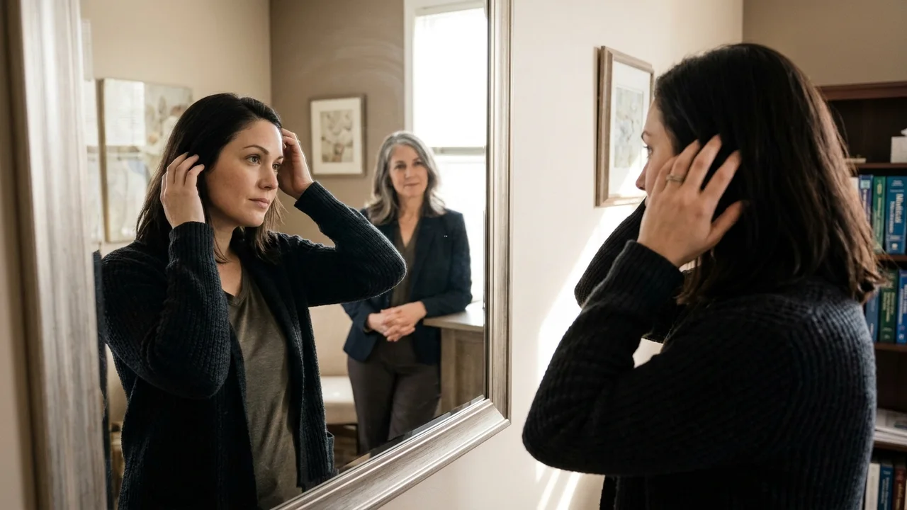 Patient examining their hair in a mirror with a clinician.
