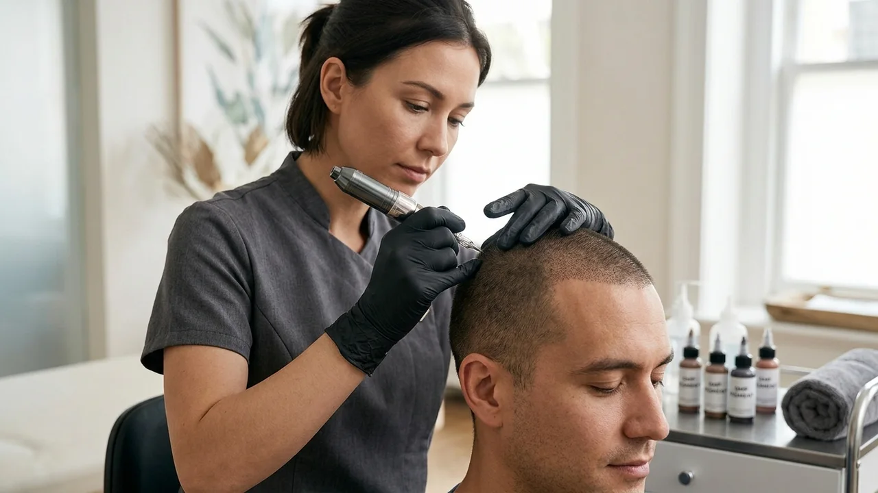 A skilled technician carefully applying scalp micropigmentation to create the illusion of hair follicles.