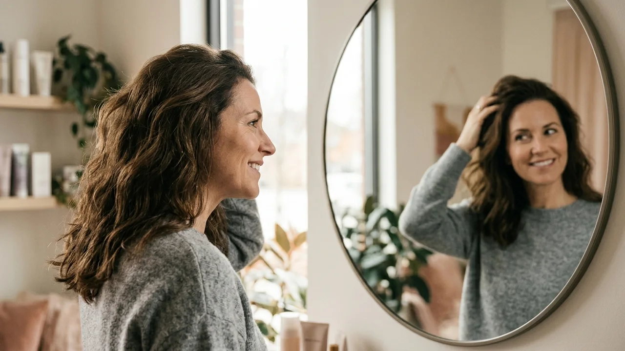 A patient confidently examining their hair in a mirror, appreciating the natural-looking density achieved through combined restoration.
