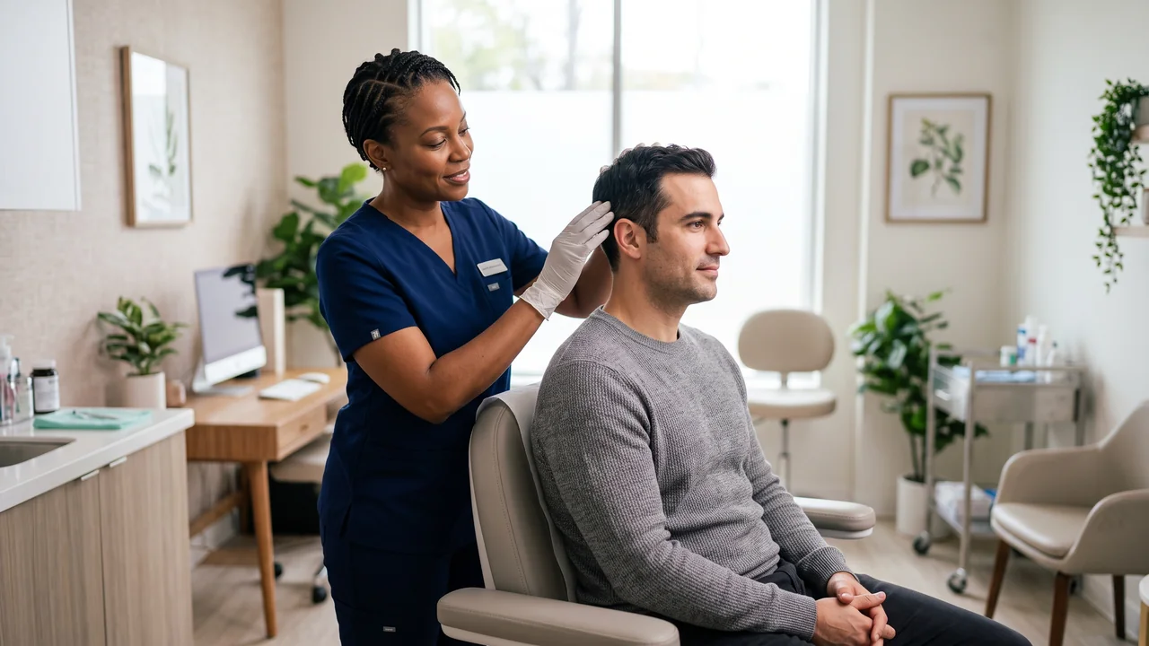 A hair transplant specialist examining a patient's donor area during a post-operative check-up.