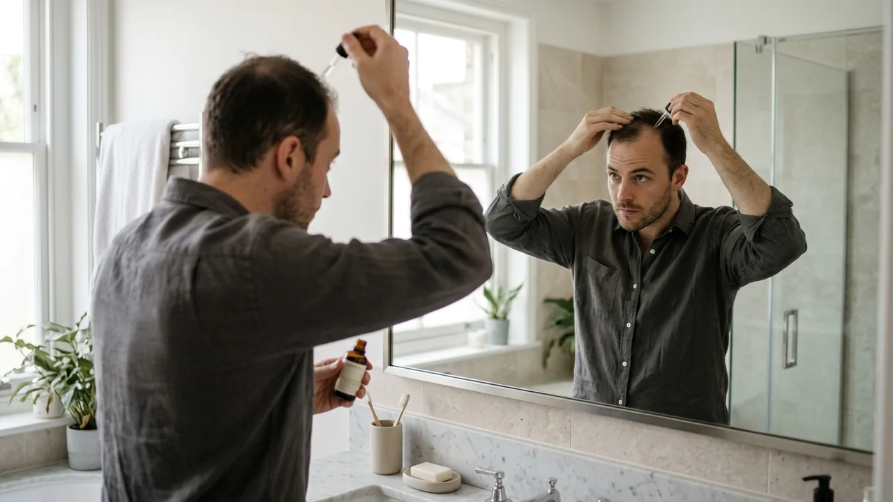 Young man applying topical hair loss treatment