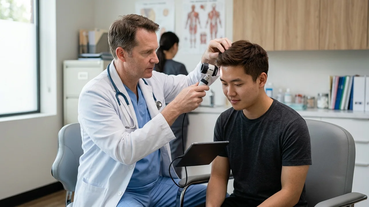 Trichologist examining young man's scalp