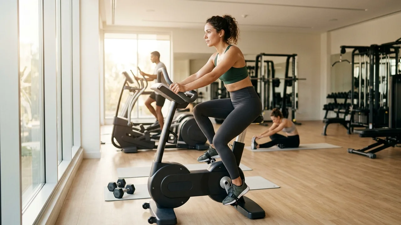 A person exercising in a well-lit gym
