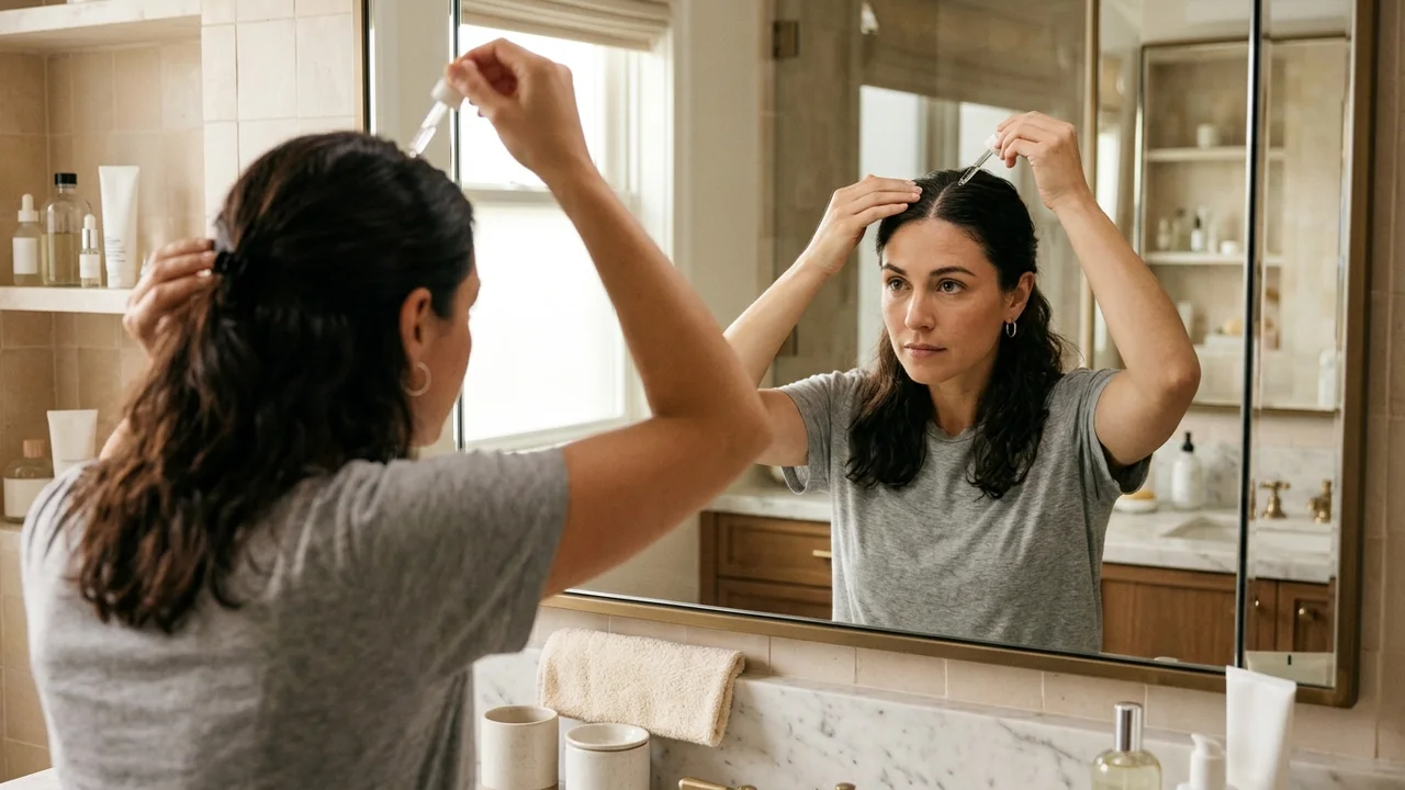 A person carefully applying a topical hair loss treatment at home.