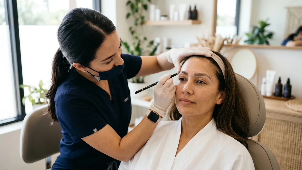 Medical aesthetician designing new eyebrow shape on a patient's face.