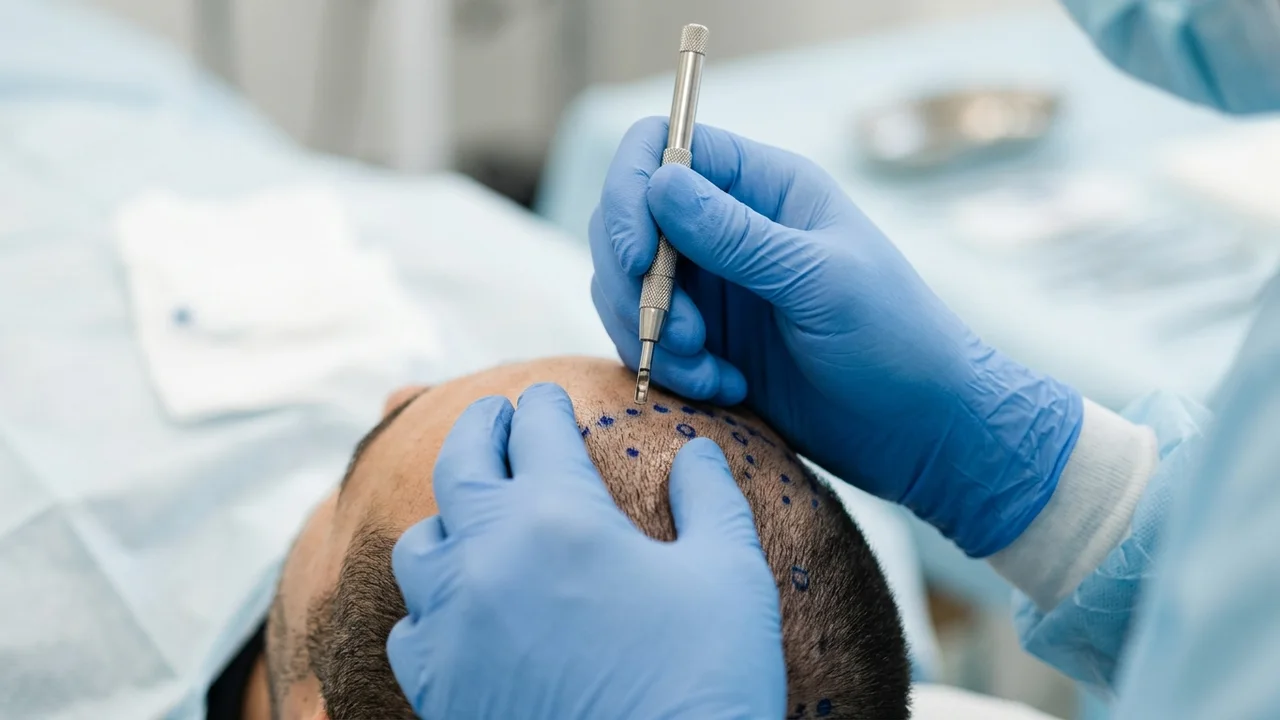 Surgeon's hands performing FUE extraction for eyelash transplant