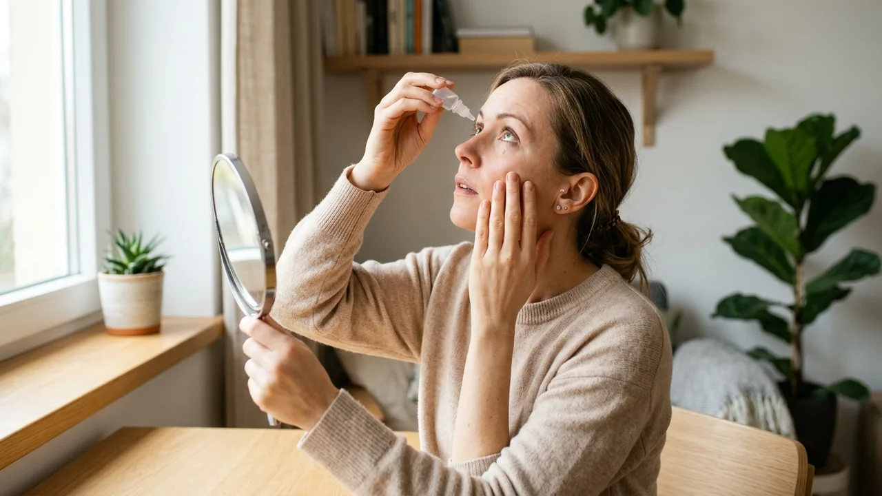 Patient applying aftercare solution to eyes post-eyelash transplant