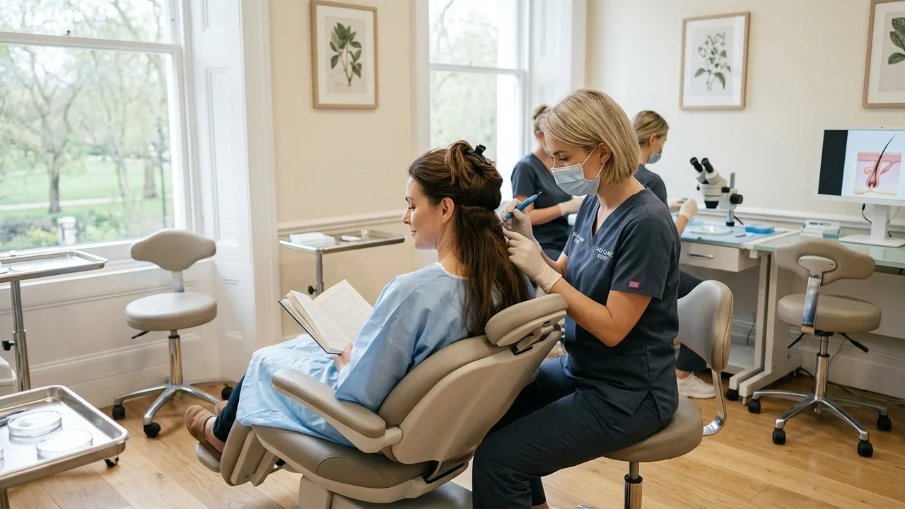 Female patient receiving a no-shave FUE hair transplant, technician extracting grafts.