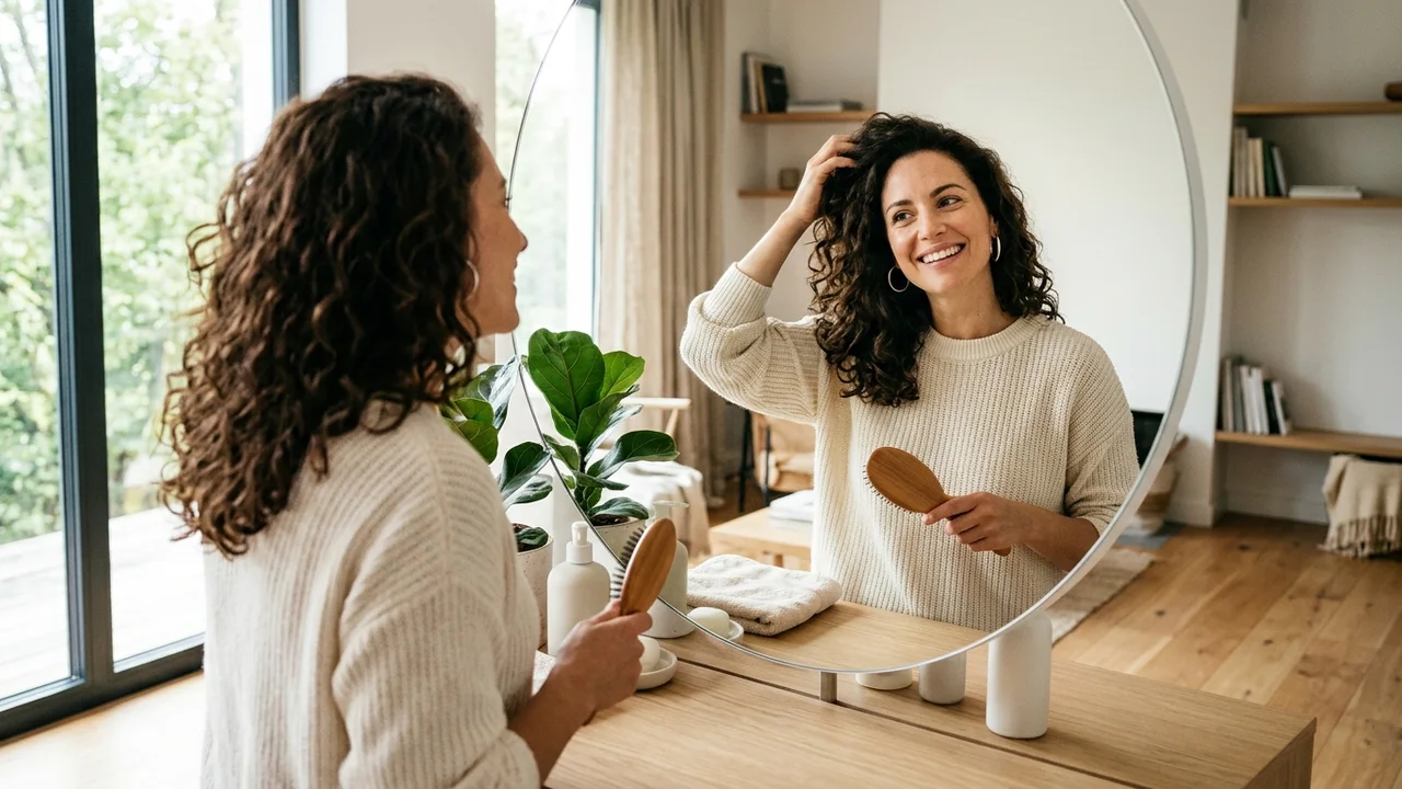 Woman happily styling her restored hair after a successful hair transplant.