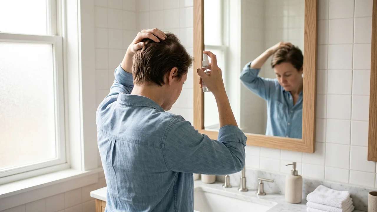 Patient applying post-operative spray to their scalp after hair transplant.