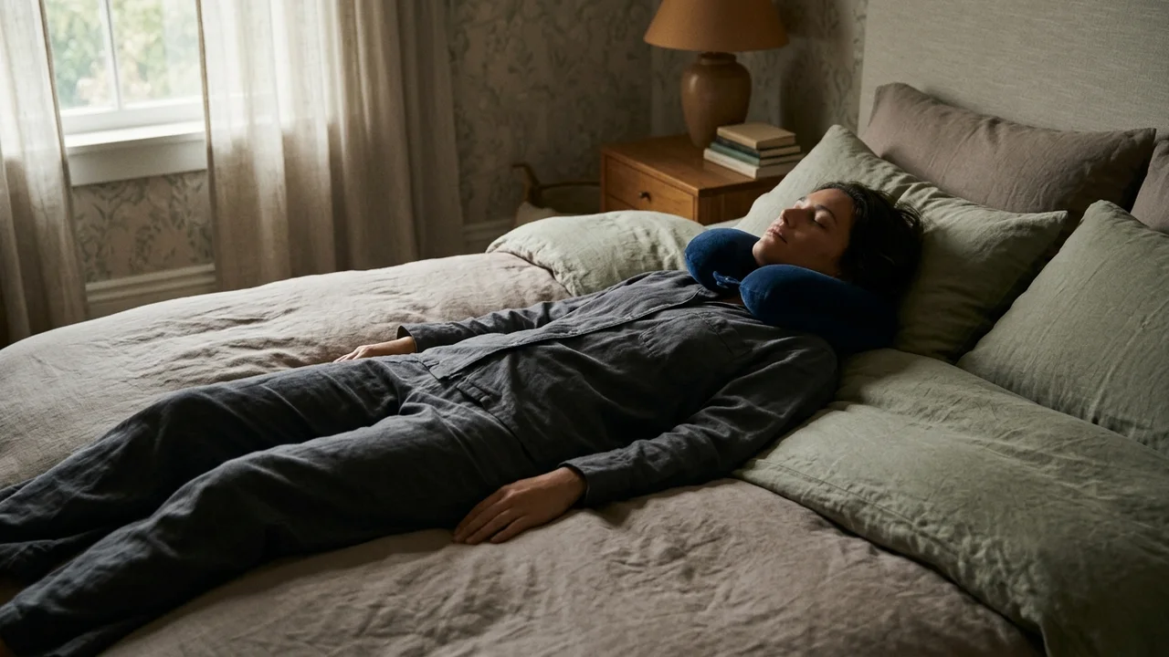 Recommended sleeping position with a neck pillow after hair transplant surgery.