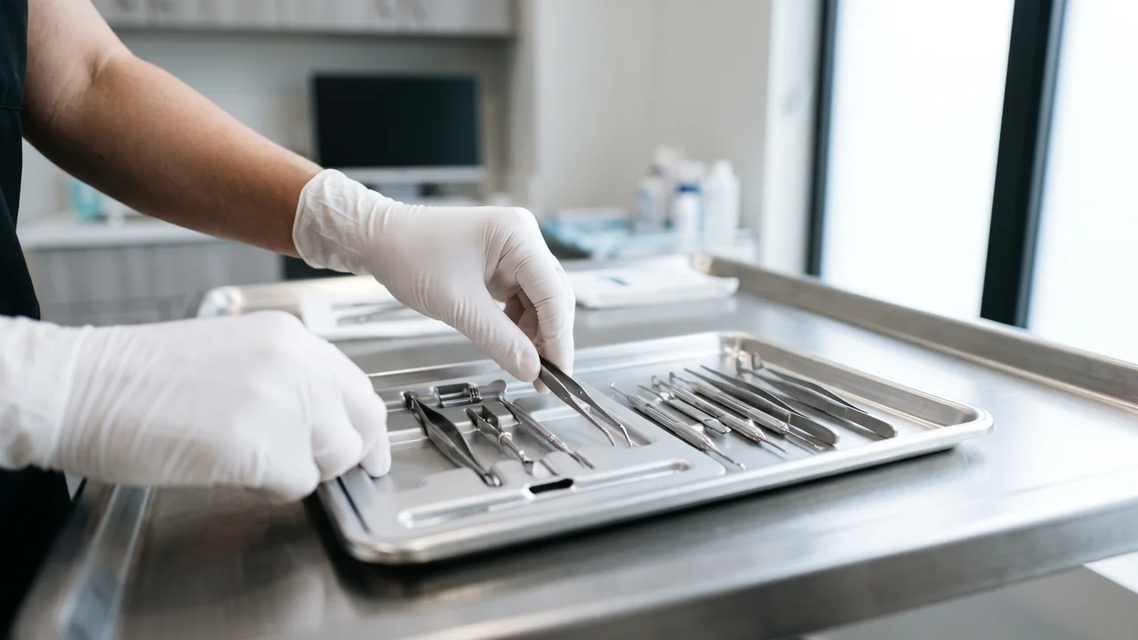 Gloved hands carefully preparing modern hair restoration tools in a sterile clinic environment.