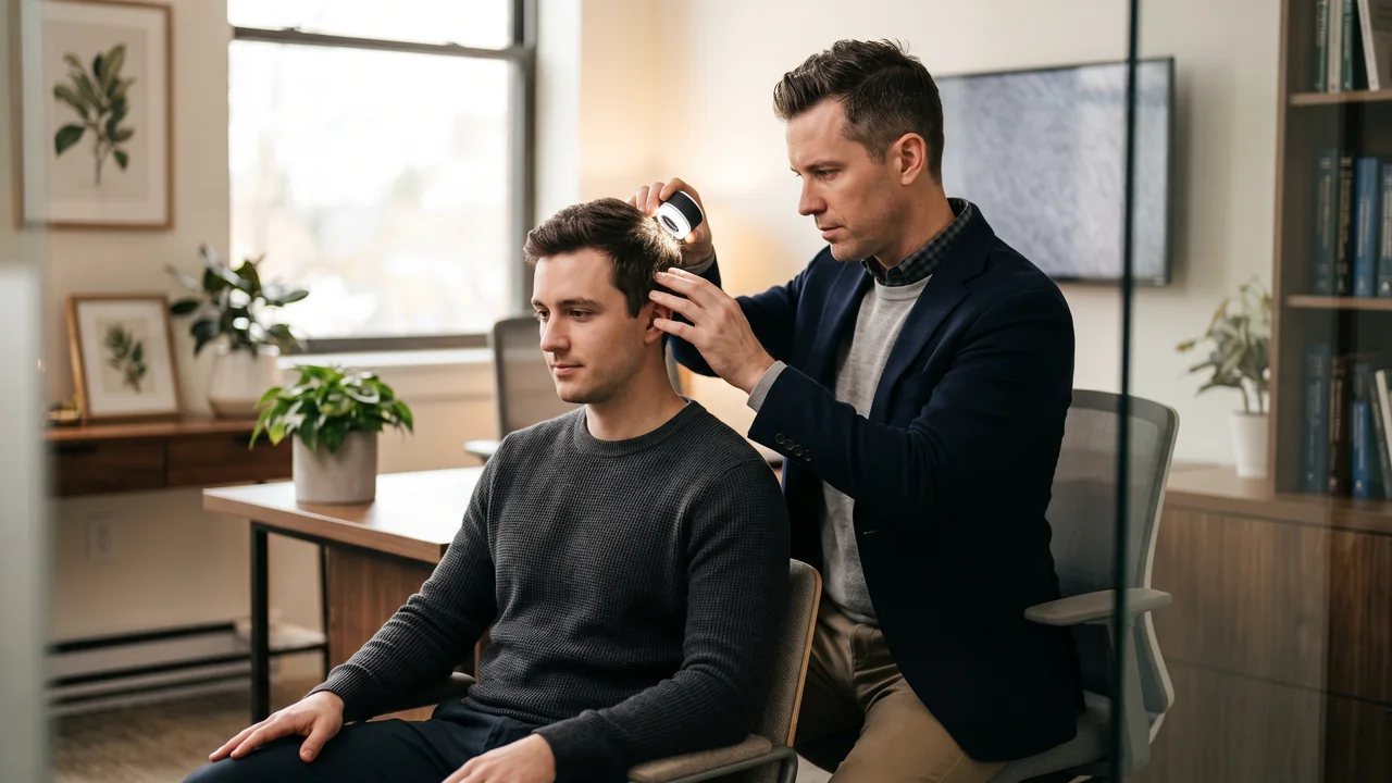 A hair specialist attentively examining a patient's hair during a detailed consultation.