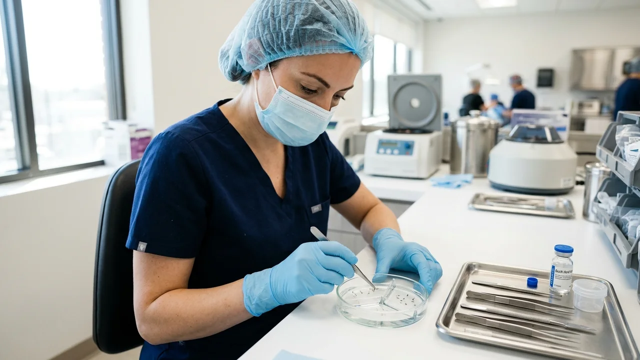 Medical technician carefully handling hair grafts in a petri dish with a specialised solution.