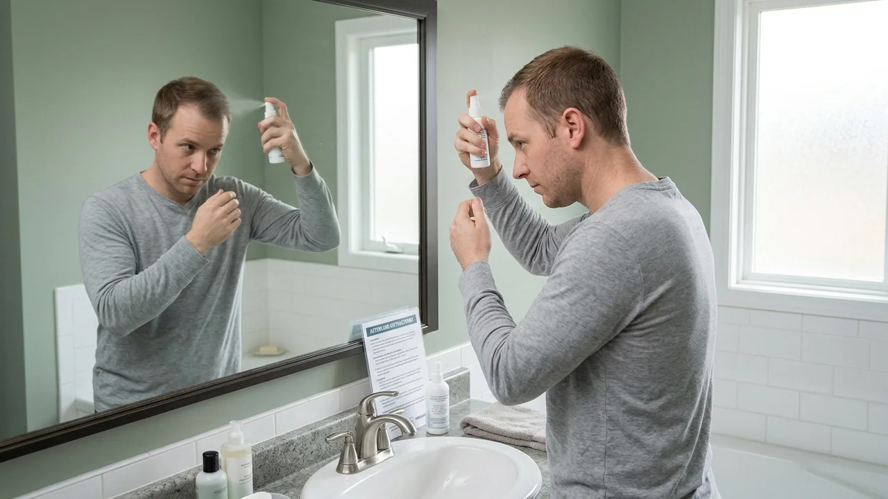 Patient applying aftercare spray to their scalp in a bathroom mirror after hair transplant surgery.