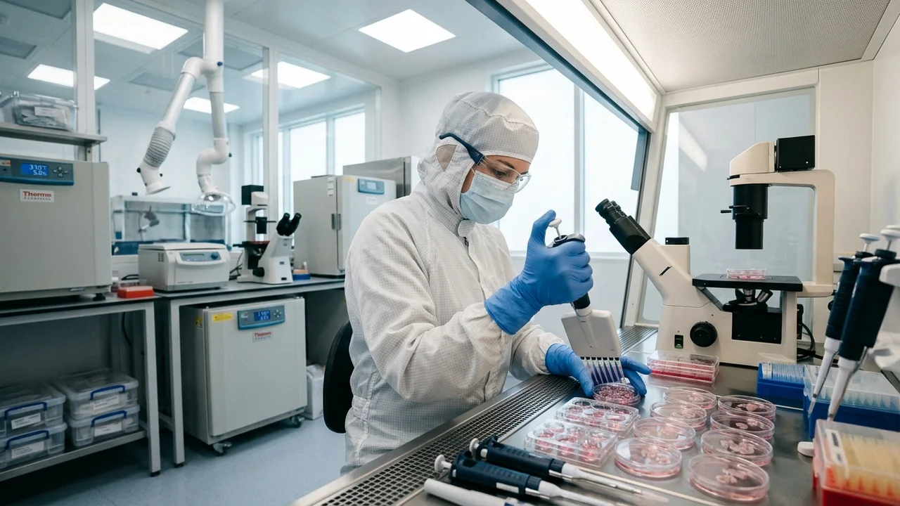 A scientist conducting cell culture experiments for hair regeneration research.