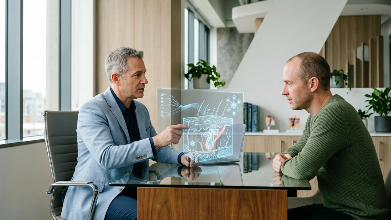 A doctor explaining advanced hair restoration possibilities to a patient using a digital display.
