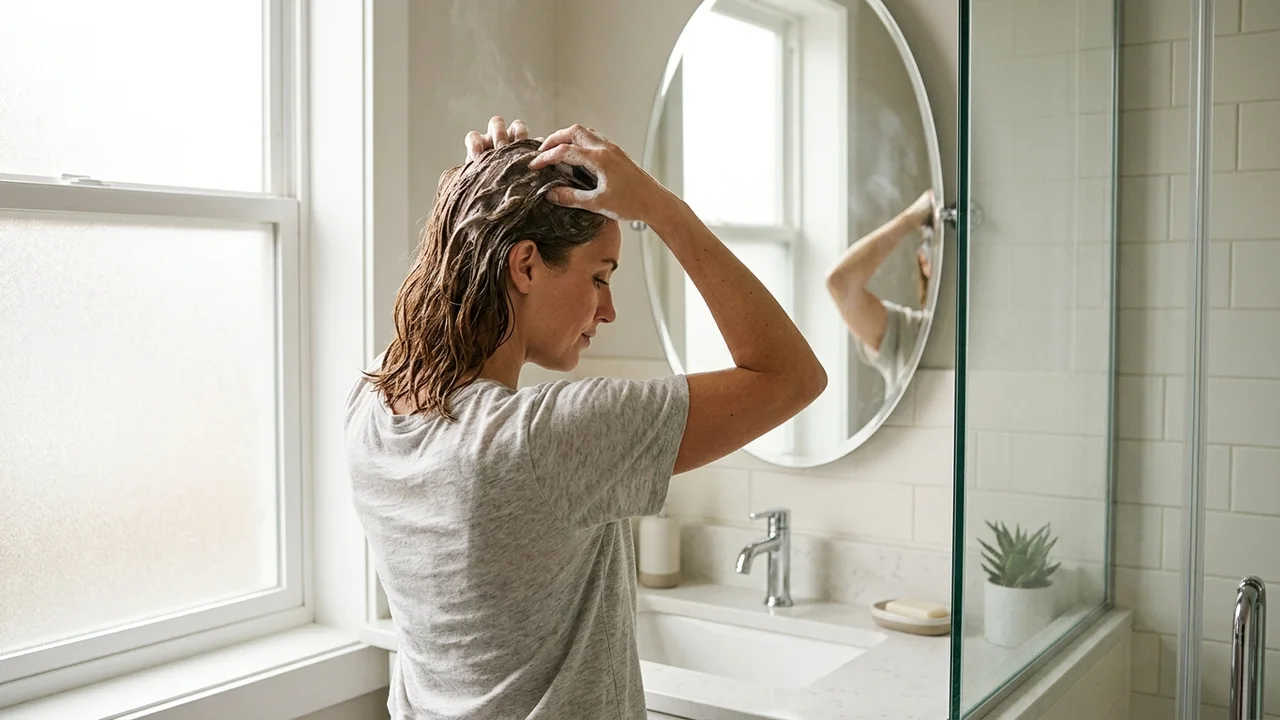 A person carefully applying medicated shampoo to their scalp.