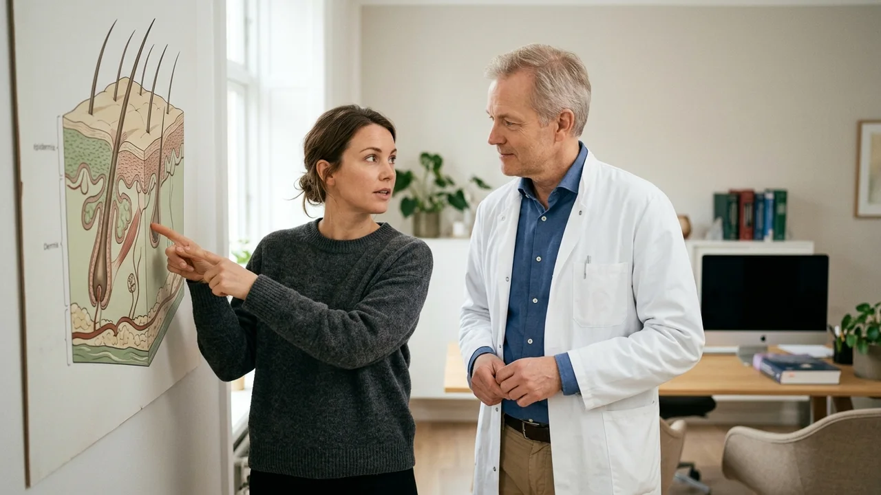 A patient discussing scalp symptoms with a dermatologist.