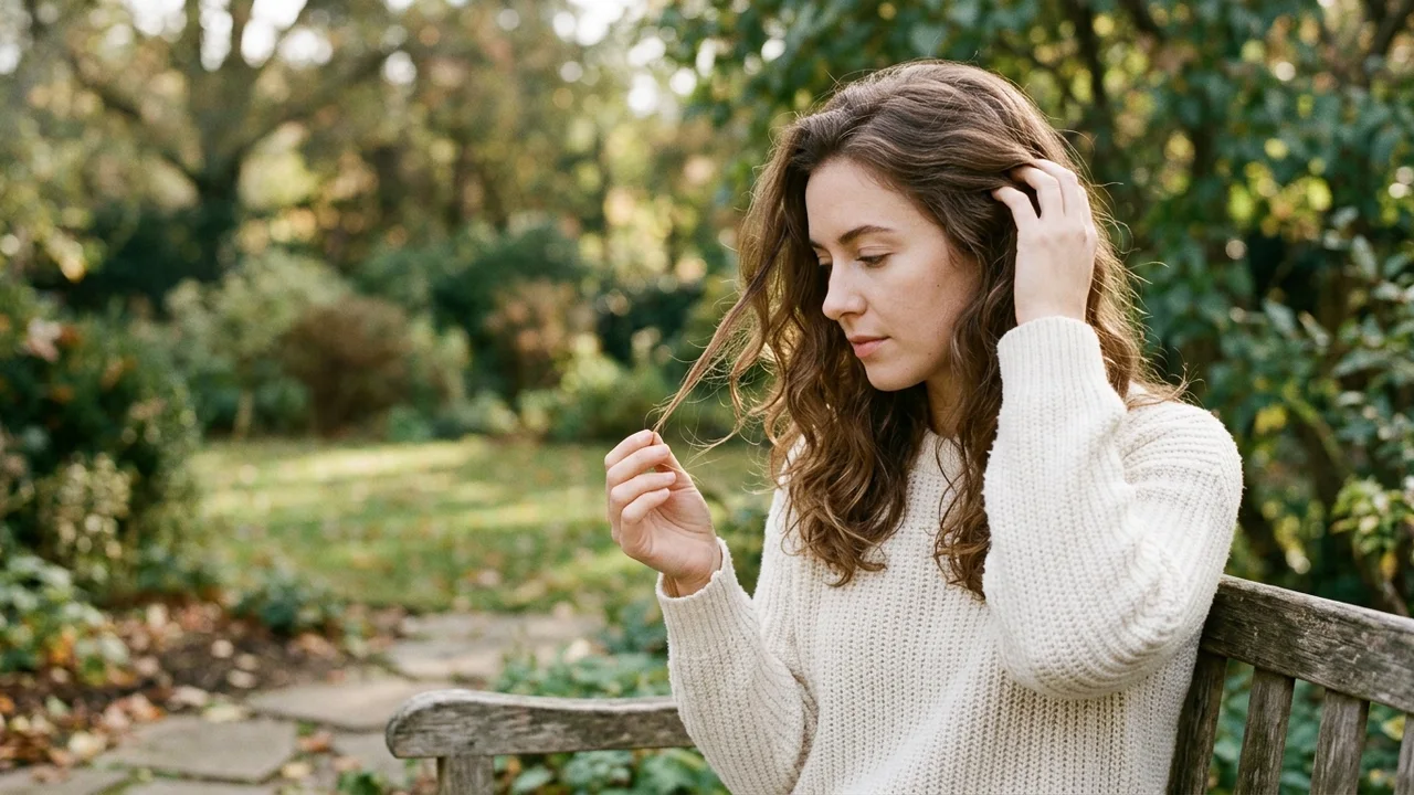 Person examining hair strands after brushing.