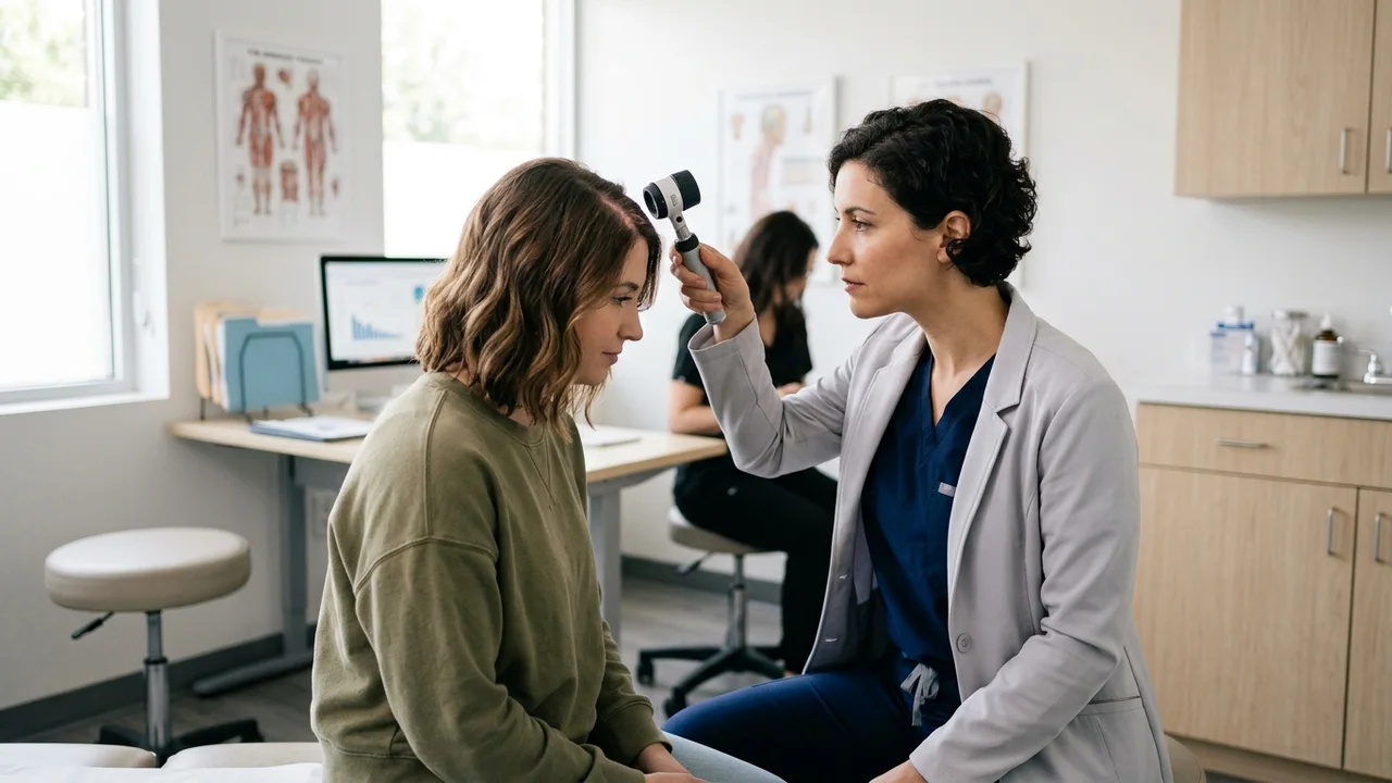Trichologist performing a scalp examination.