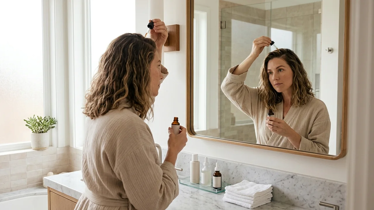 Person applying topical hair loss treatment.