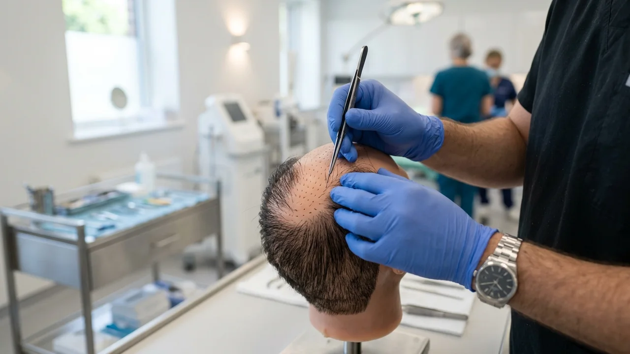 Chirurgien démontrant des angles d'implantation précis des follicules pileux.