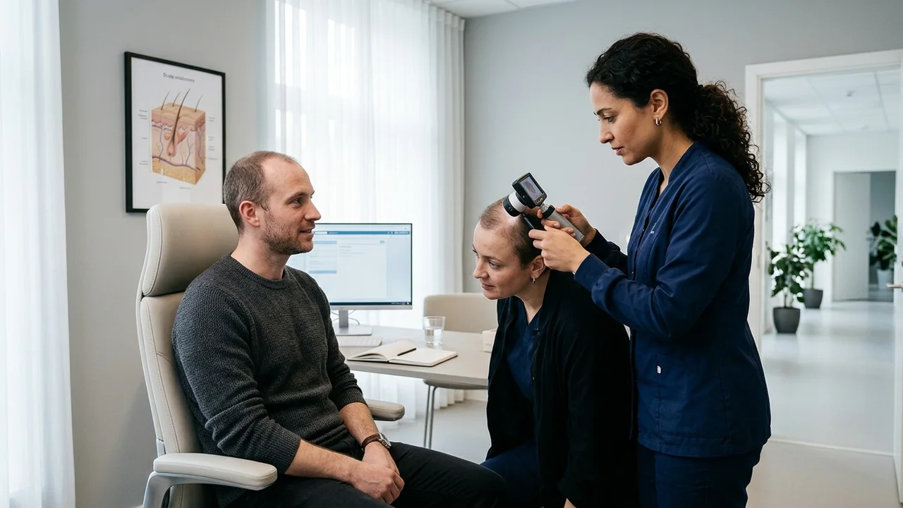 Patient subissant un examen détaillé du cuir chevelu lors de la consultation.